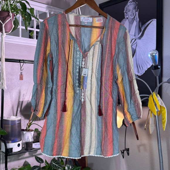 Panhandle Tops - Panhandle Women's Striped Western Boho Tunic Top Medium NWT Rayon 3/4 Sleeve